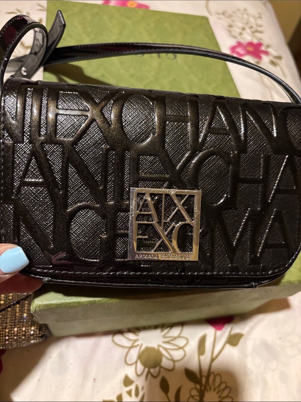 Armani Exchange Black Embossed Logo Crossbody with Metal Plaque